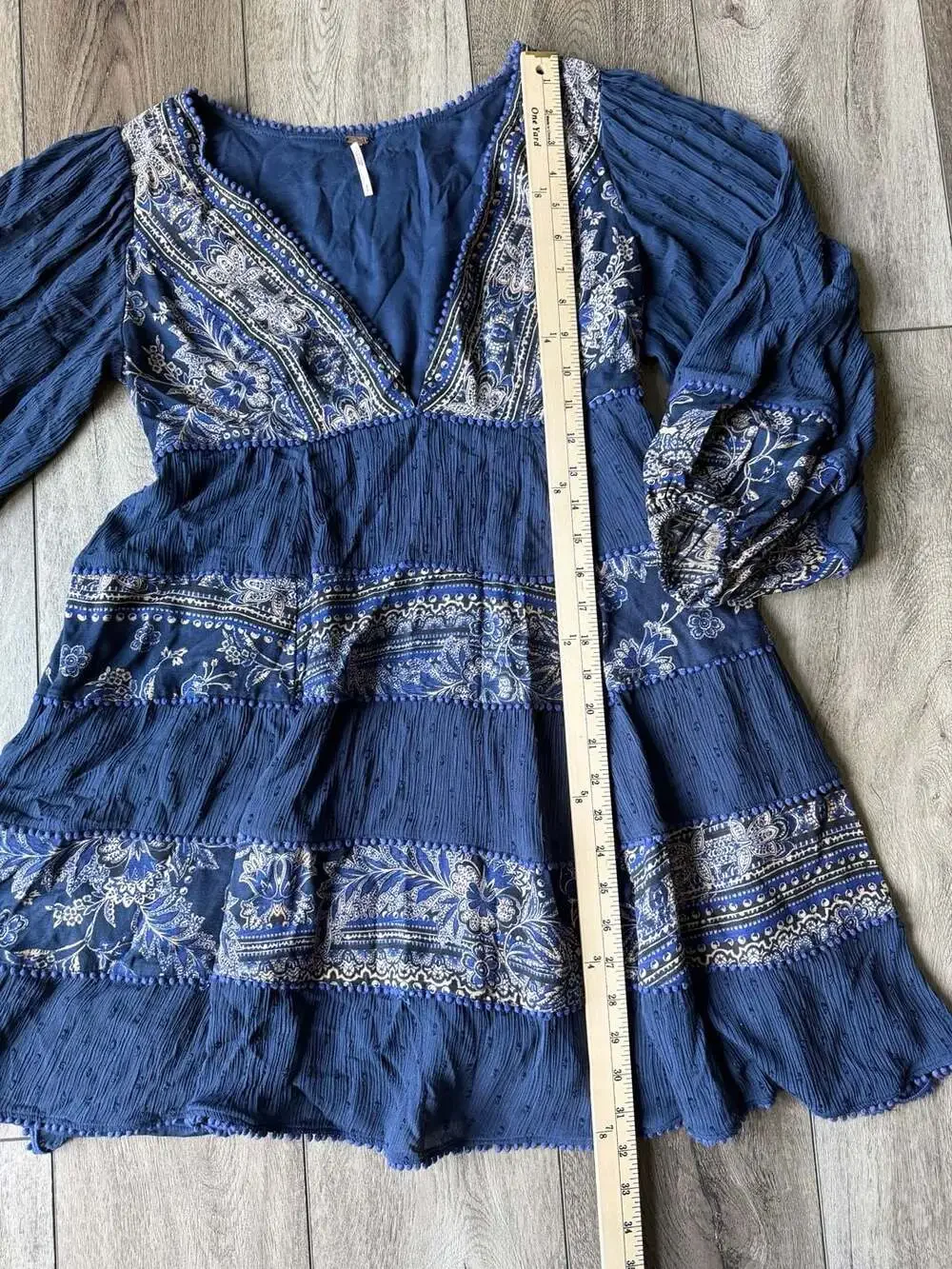 Free People My Love Peasant Boho Dress Indigo Blue Embroidered Paisley S